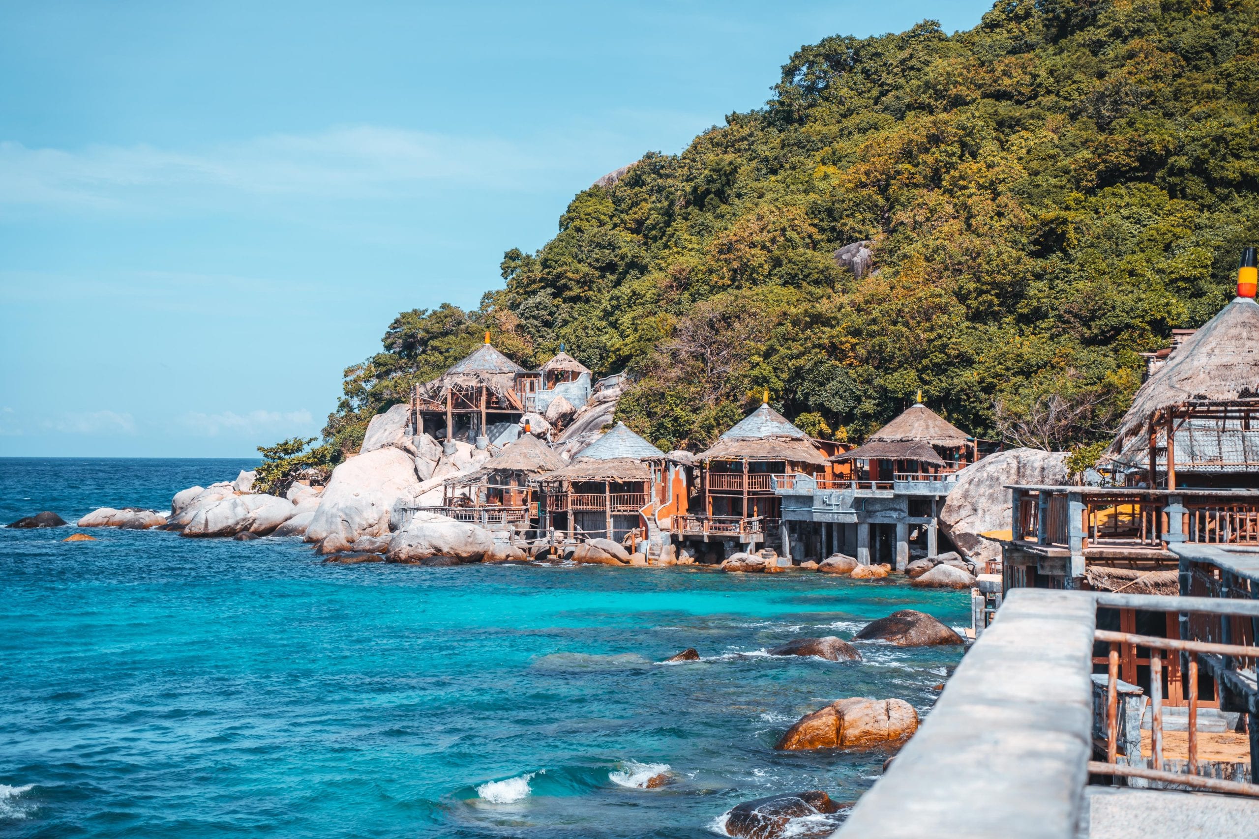 A restaurant terrace built above the rocks on Koh Tao