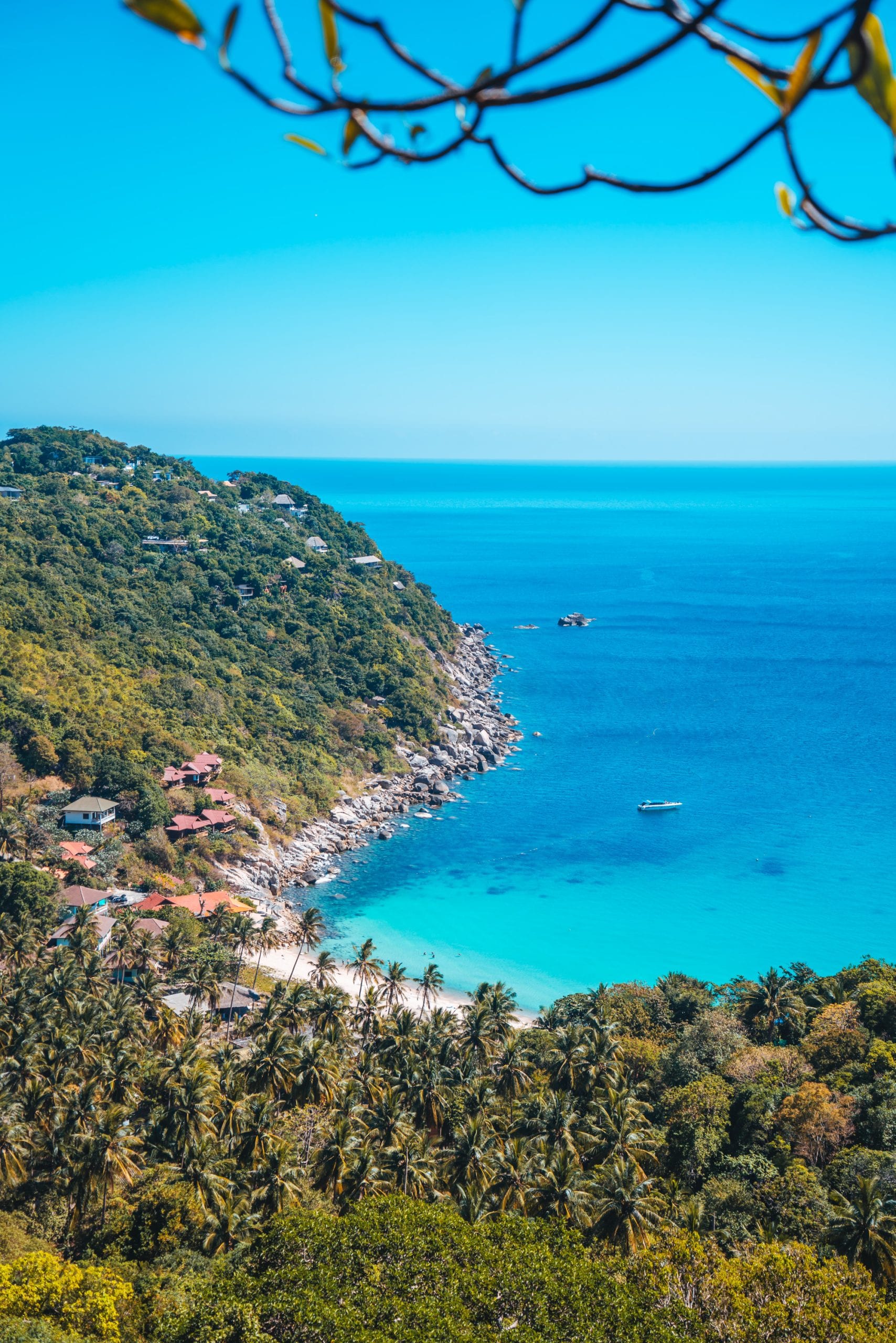 The view from the Koh Nang Yuan viewpoint, framed by trees on the climb