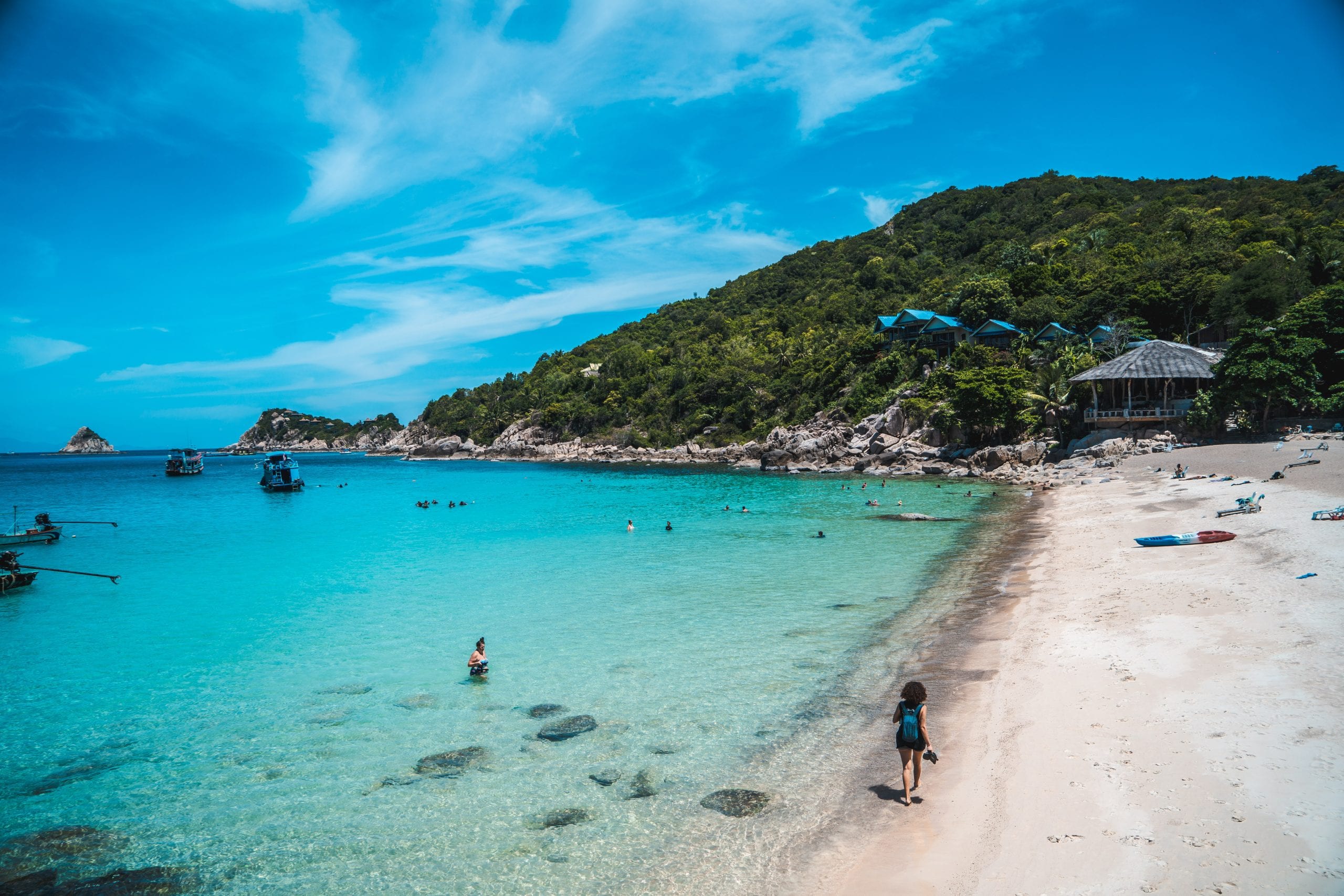 The shallow sandbar at Ao Leuk, snorkellers wading out into clear water